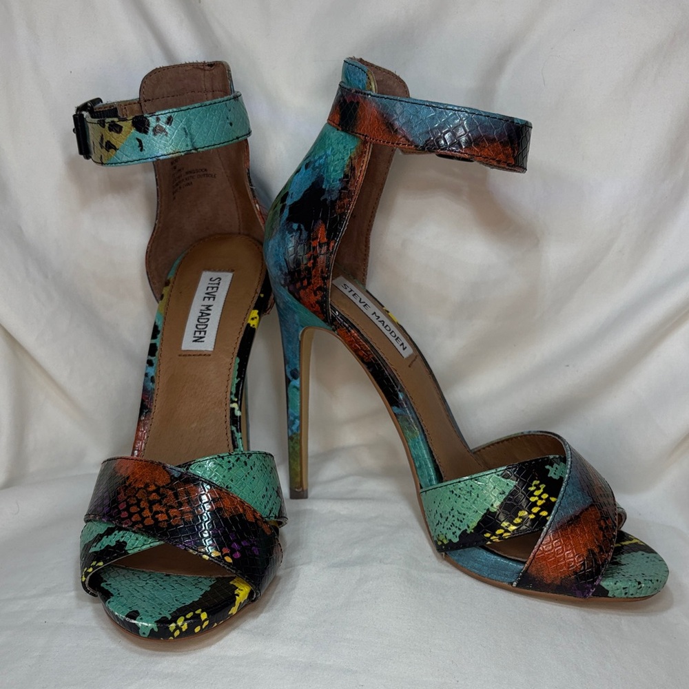 Steve Madden Multicolor Snakeskin-Print Ankle-Strap Stiletto Heels